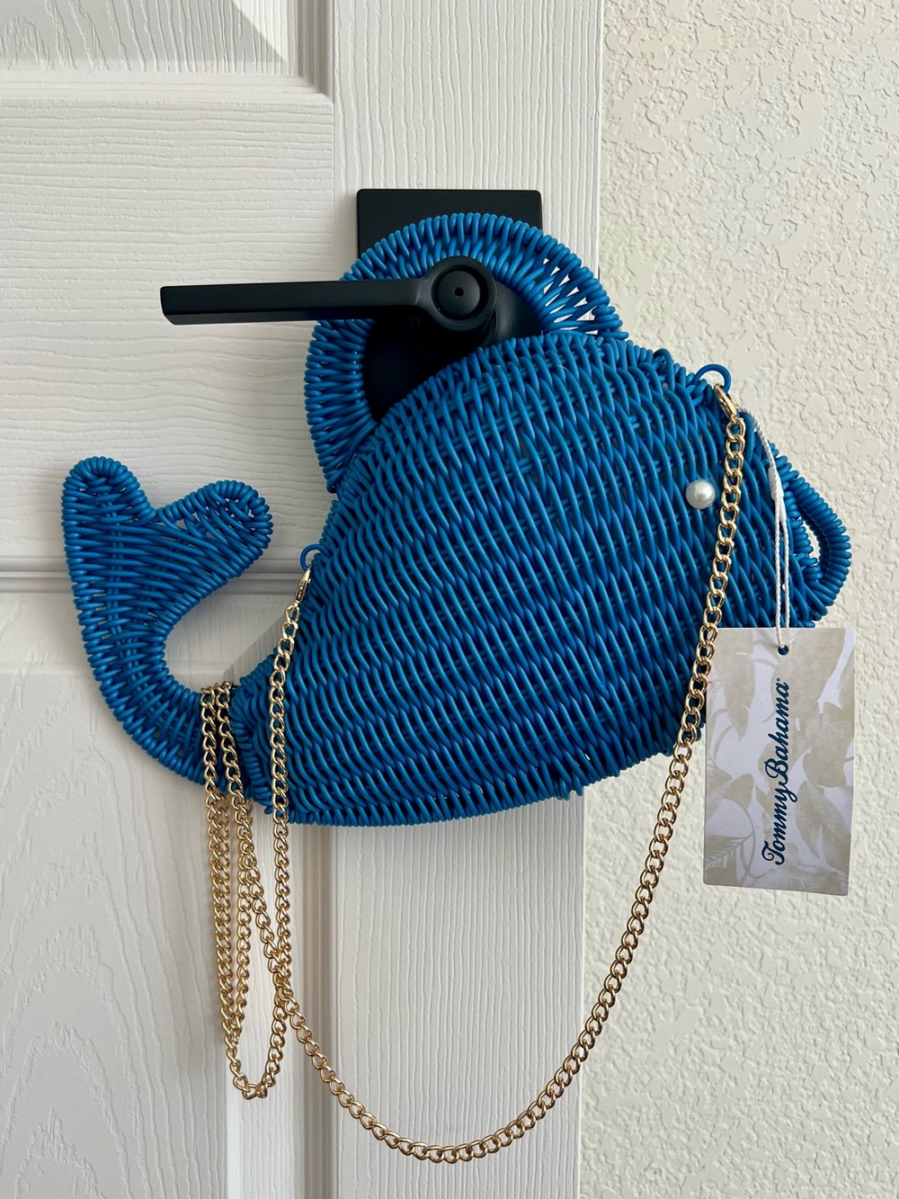 Tommy Bahama Blue Woven Whale Crossbody Bag with Gold Chain